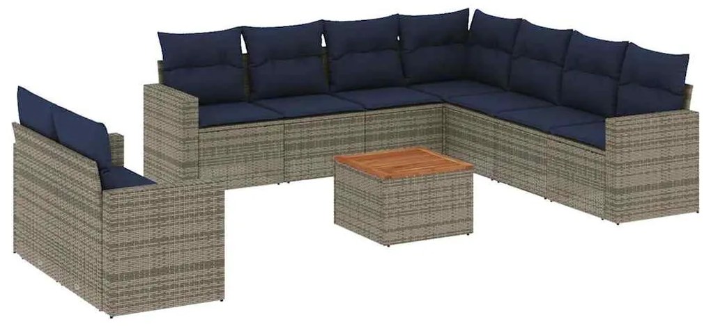 3256523 vidaXL Градински диван с възглавници, 10 части, полиратан, сив