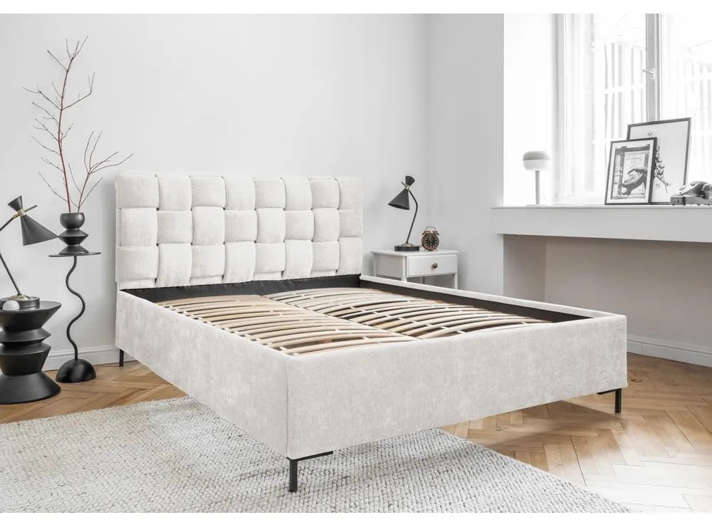 Кремаво тапицирано двойно легло с включена подматрачна рамка 160x200 cm Eve – Miuform