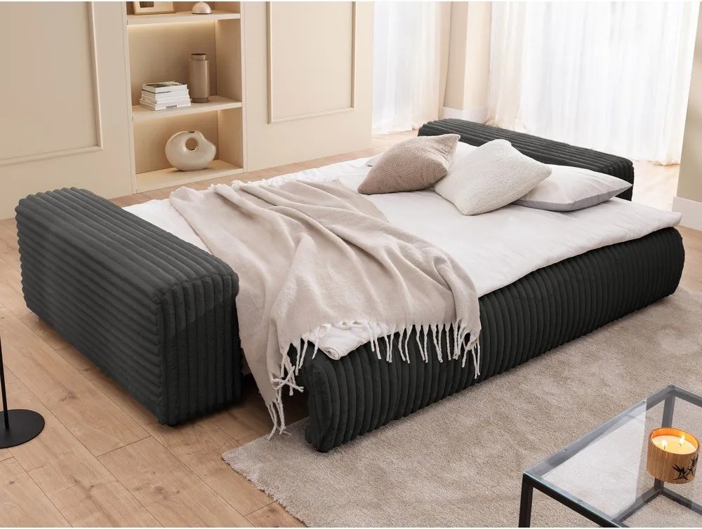 Тъмносив разтегателен диван с място за съхранение от рипсено кадифе 260 cm Justin – Ropez