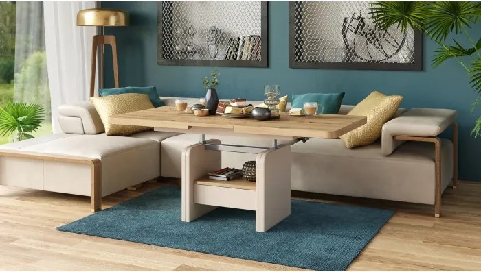 ЛЕКСУС Дъб Артизан/Бежов (Шампанско) - МОДЕРНА РАЗТЕГАТЕЛНА ХОЛНА МАСА С ПОВДИГАЩ МЕХАНИЗЪМ