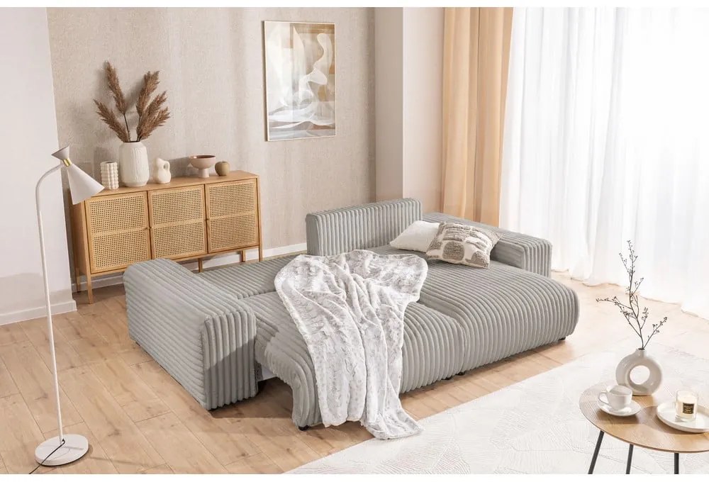 Светлосив разтегателен ъглов диван от рипсено кадифе с място за съхранение (десен ъгъл) Sarina – Ropez