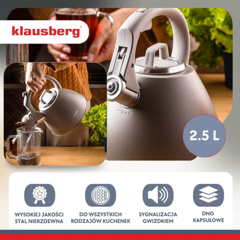 Свирещ чайник Klausberg KB 7953, 2.5 л, Неръждаема стомана, Топлоизолирана дръжка, Индукция, Бежов