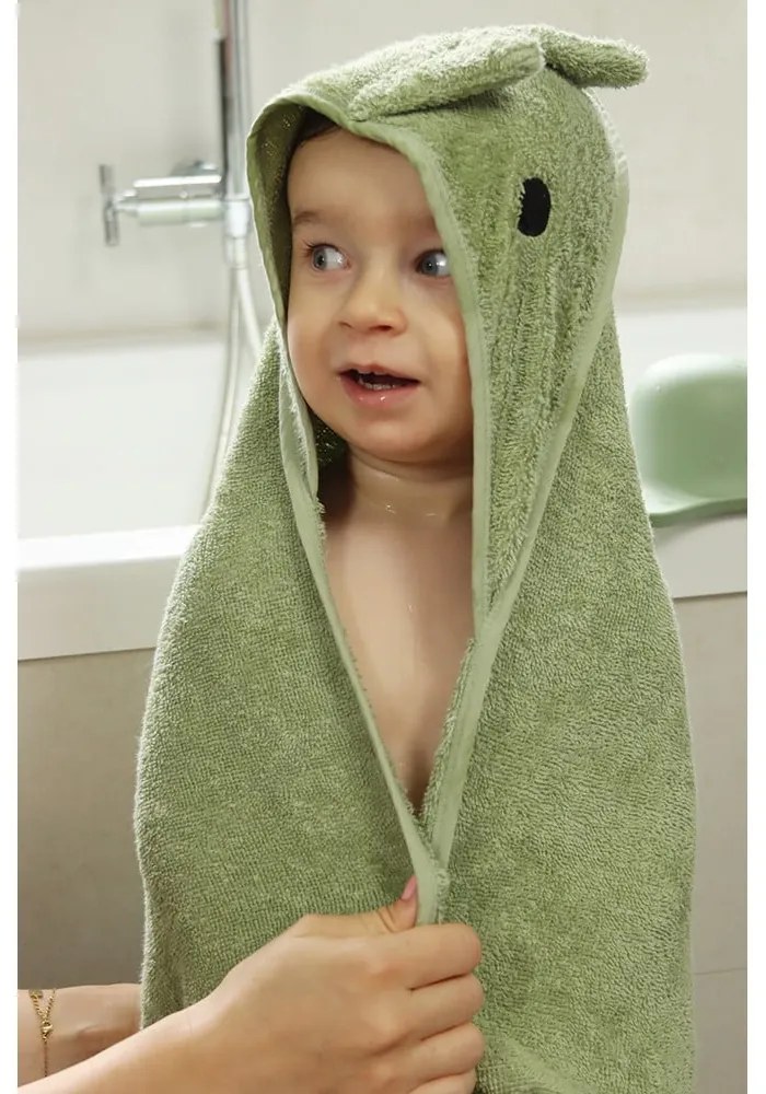 Зелена памучна детска хавлия с качулка 75x75 cm Dinosaur – Kindsgut