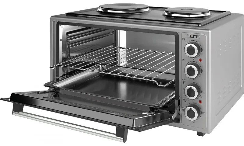 Малка готварска печка Elite EMO-48302G, 2000W, 48 л, 3 функции, Двойно стъкло, Термостат, Таймер, Инокс