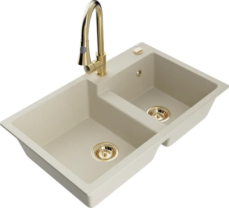 Mexen Tomas гранитна мивка с 2 камери и кухненски смесител Elia, бежов - 6516-69-670101-50