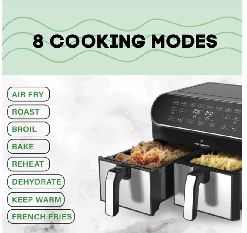 Фритюрник с горещ въздух JUST PERFECTO JP 1980 JL10 , 1700W, 8 литра, 8 програми, Две кошници, Черен/инокс