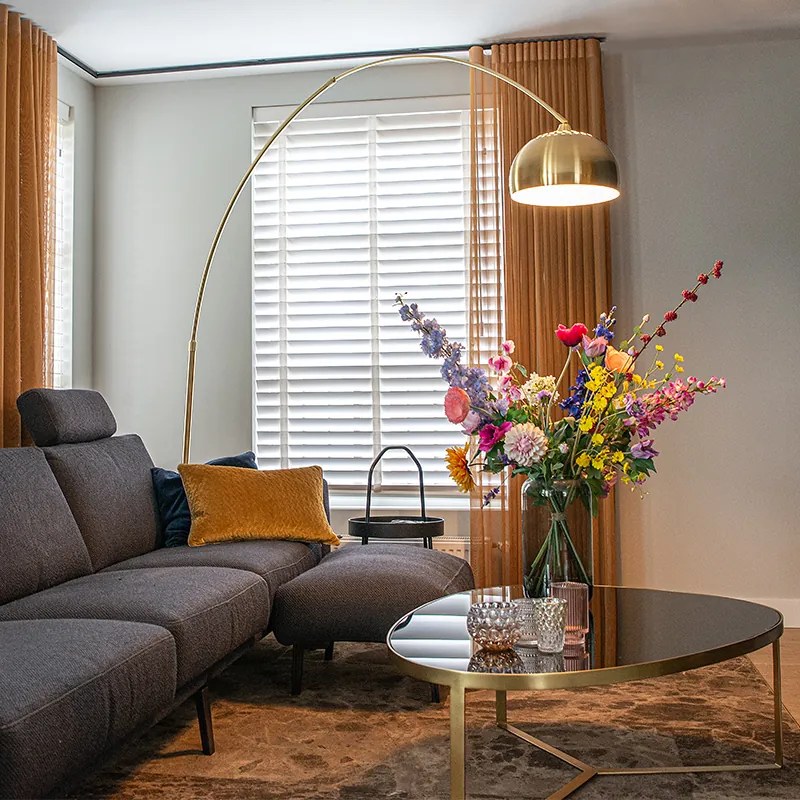 Аркова подова лампа месинг с бяла мраморна основа регулируема - XXL