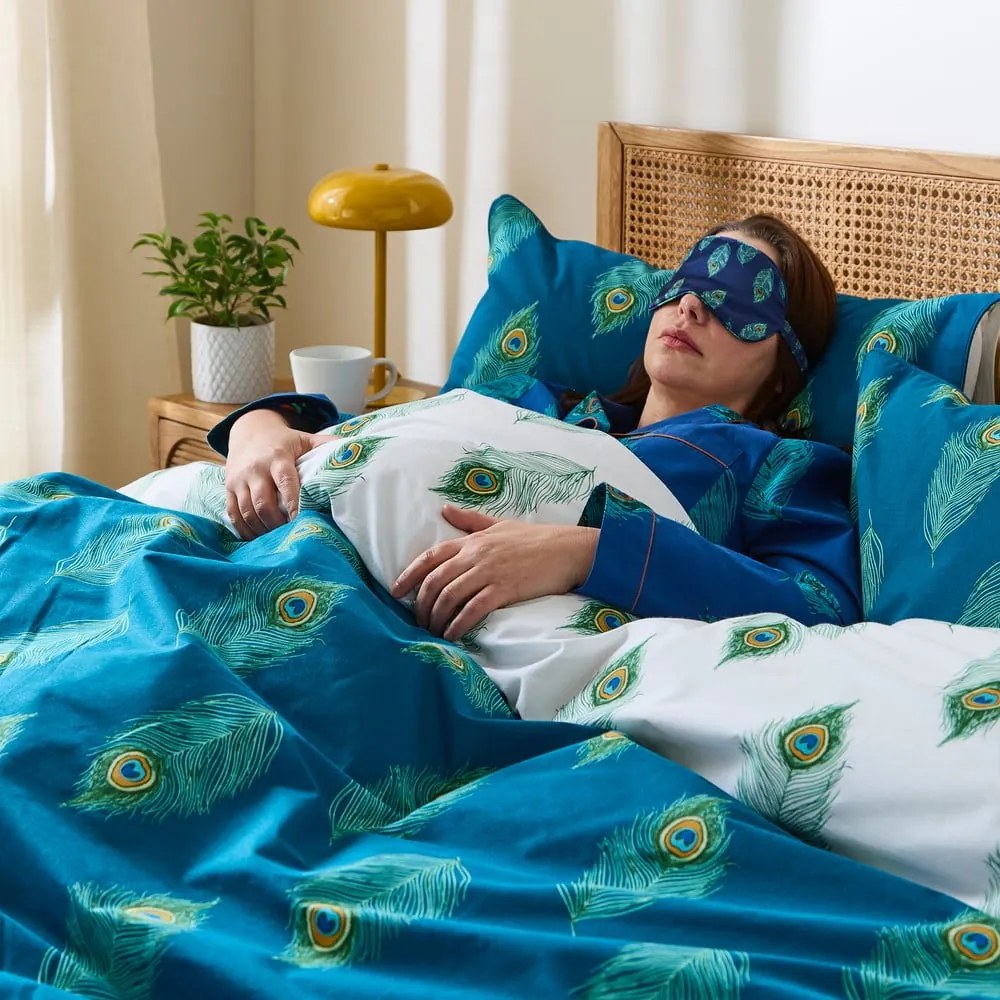 Бяло-тюркоазено двойно удължено памучно спално бельо 230x220 cm Peacock Feather – Their Nibs