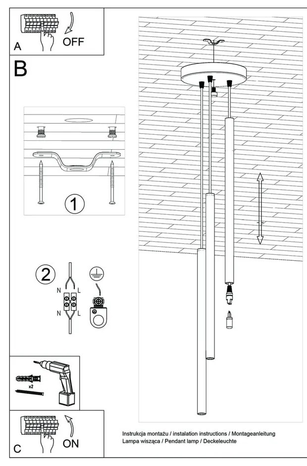 Черно висящо осветително тяло Fideus - Sollux
