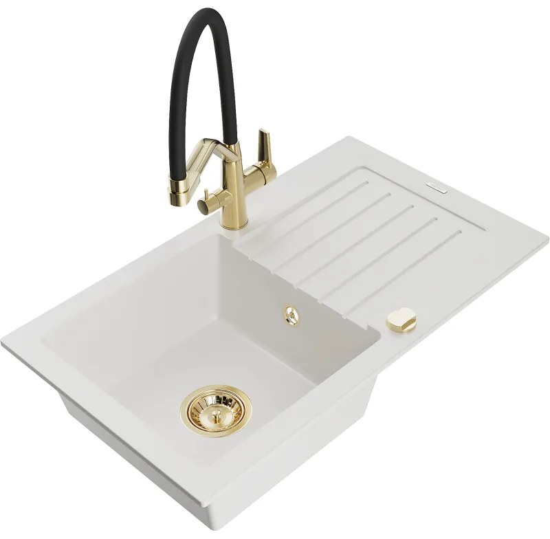 Mexen Pablo гранитна мивка с 1 отделение и отцедник с кухненски смесител Duo, бяла - 6510-20-671701-57-G