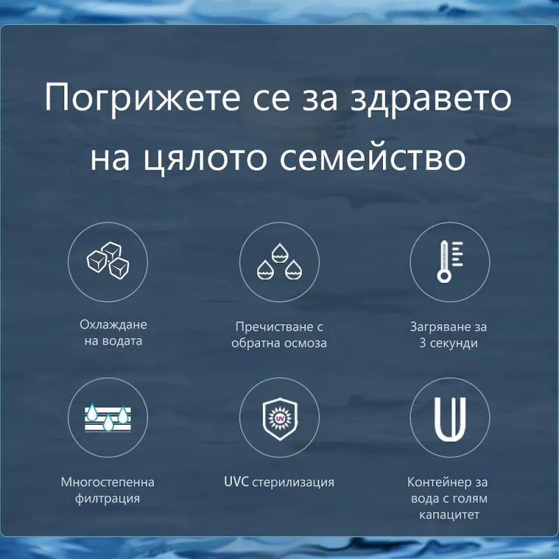 Диспенсър за вода ELIXIR Pro Plus, 2200W, Затопляне 18 л/ч, 42-90°C, UVC стерилизация, Дисплей, Многостепенна филтрация, Компресорен, Сиво-син/графит