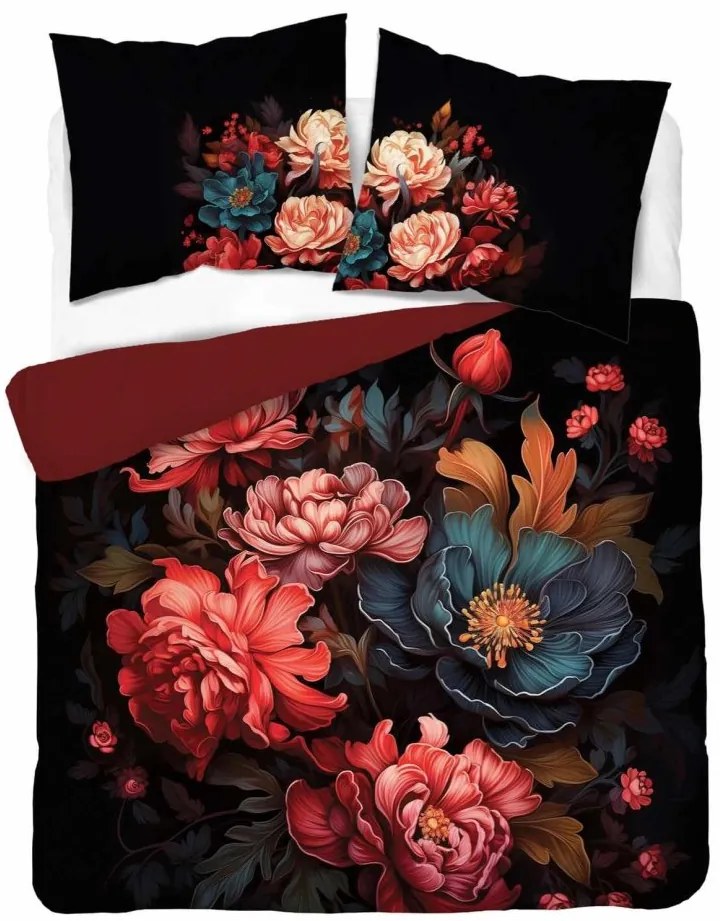 Черни памучни чаршафи с флорален десен 3 časti: 1ks 160x200 + 2ks 70x80