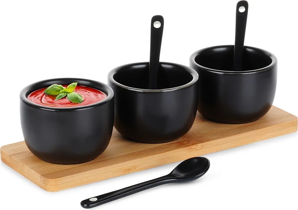 Комплект от 3 броя керамични купи с лъжици върху бамбуков поднос, черни