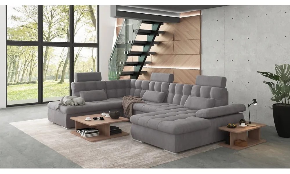 Сив разтегателен ъглов диван с място за съхранение (ляв ъгъл/U форма) Merkur – Ropez