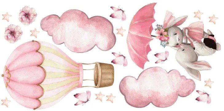 Детски стикери за стена - пастелни зайци, балони и пеперуди Ширина: 80 см | Дължина: 160 см