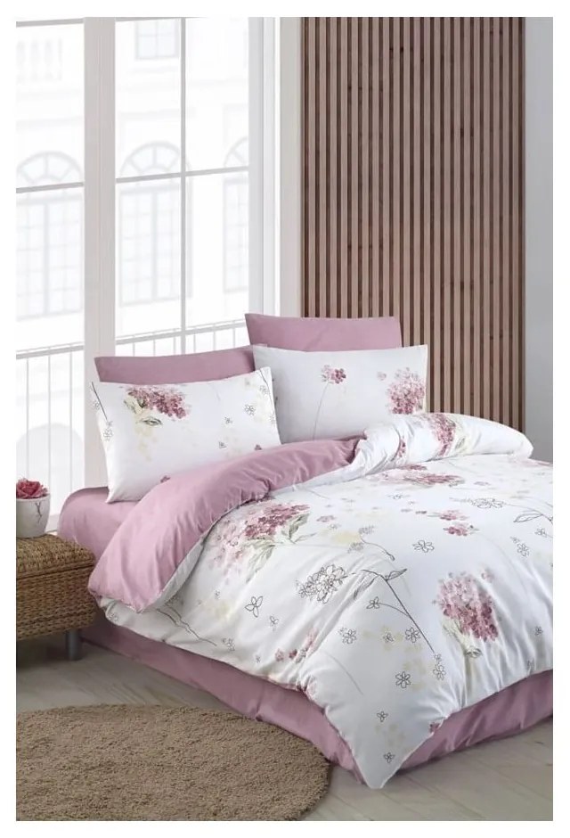 Бяло и розово единично удължено спално бельо с включен долен чаршаф 3 части 160x220 cm Floral – Mila Home