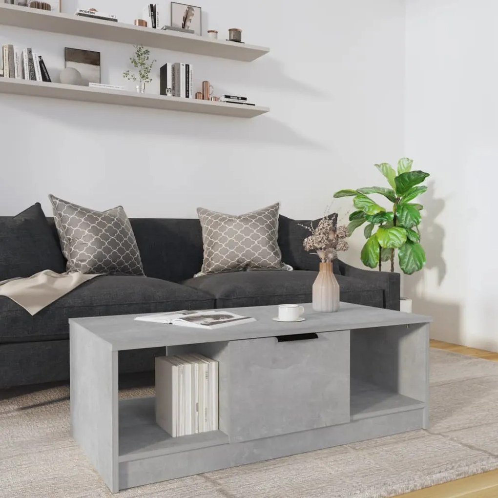 811353 vidaXL Маса за кафе, бетонно сива, 102x50x36 см, инженерно дърво