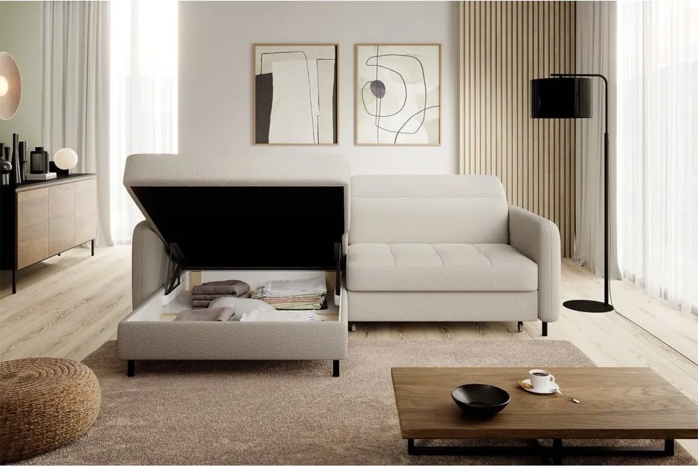 Бежов разтегателен ъглов диван с място за съхранение от букле (ляв ъгъл) Gomsi – ELTAP