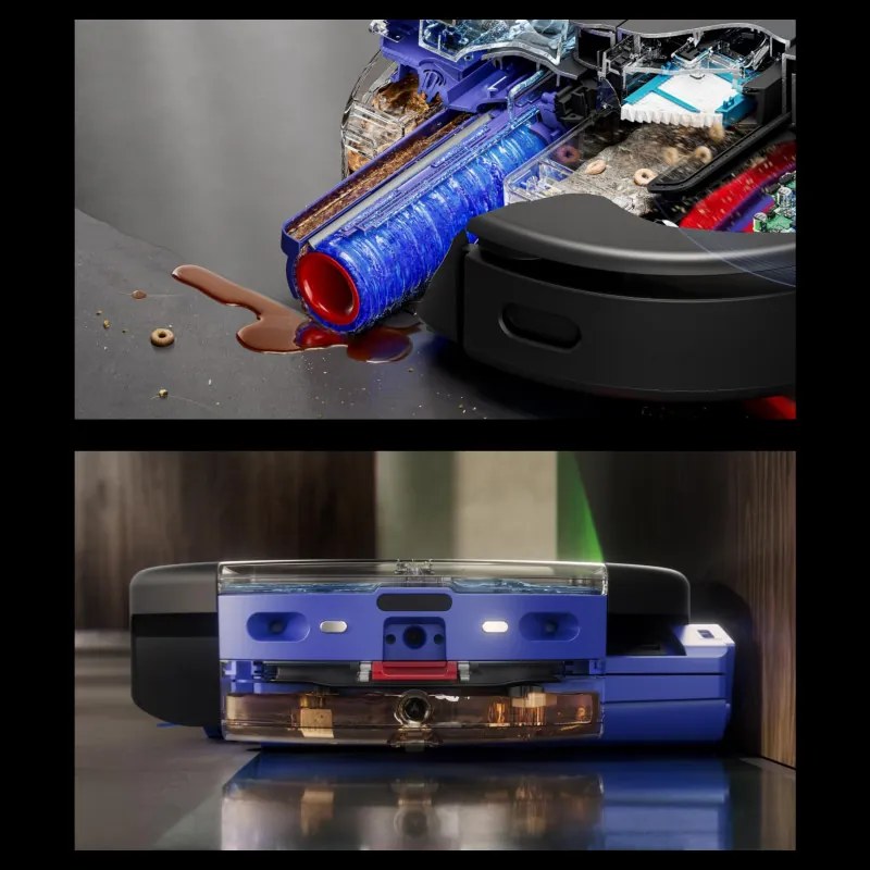 Прахосмукачка робот Dyson Spot+Scrub Ai 586183-01, 18000 Pa, 3 л, Сухо/мокро, Разпознаване на петна, Автоматична станция, Черен/Син