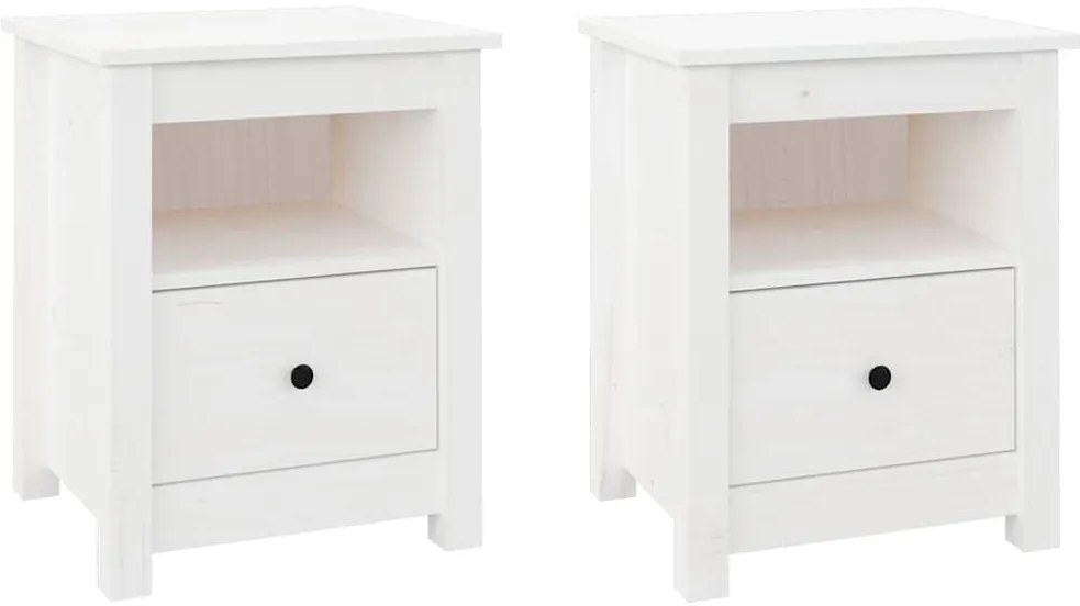 813712 vidaXL Нощни шкафчета, 2 бр, бели, 40x35x49 см, борово дърво масив