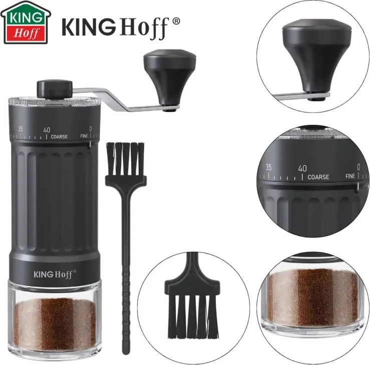 Ръчна кафемелачка Kinghoff KH 2002, 30 г, Керамичен механизъм, Безстепенно регулиране на фиността на смилане, Черен