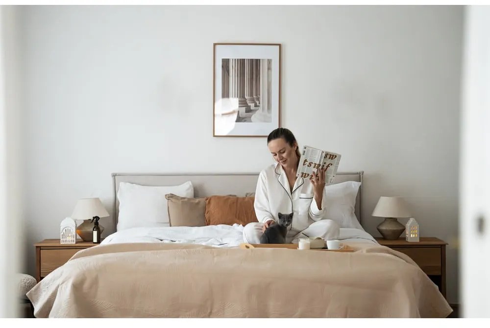 Бежово тапицирано двойно легло с решетка 160x200 cm Sary - Bobochic Paris