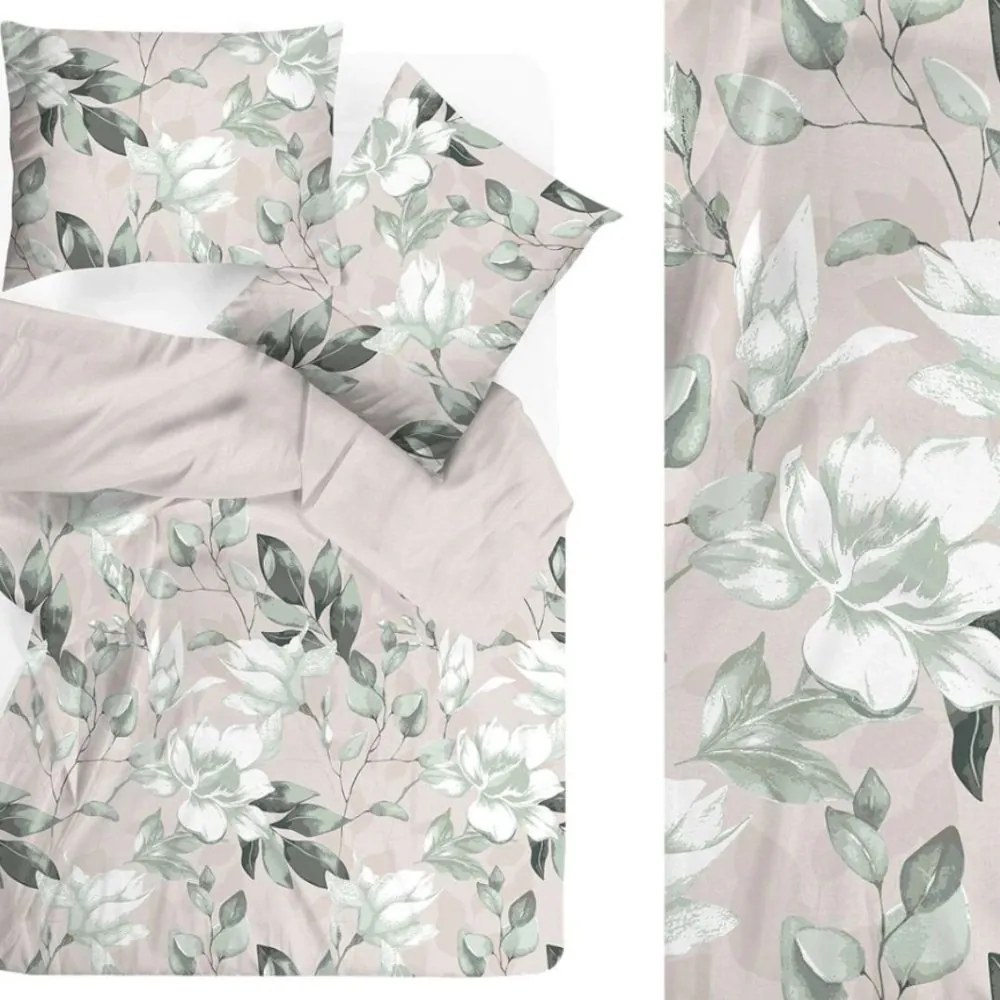 Премиум памучно спално бельо - бежово със зелени цветя Ширина: 140 см | Дължина: 200 см