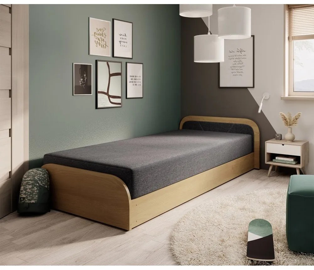 Единично легло 80x190 cm тапицирано/ПДЧ с място за съхранение с включен матрак в цвят жълта охра/тъмносиво Parys – ELTAP