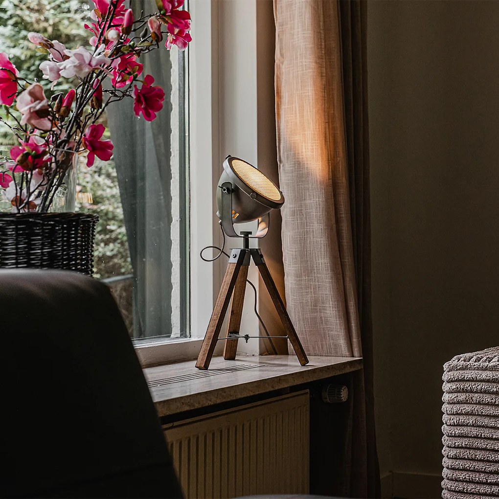 Индустриална настолна лампа триножник стомана с дърво наклоняваща се - Emado