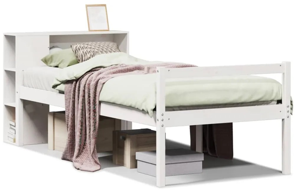 3321991 vidaXL Легло с рафтове за книги, без матрак, бял, 90x190 см, бор масив