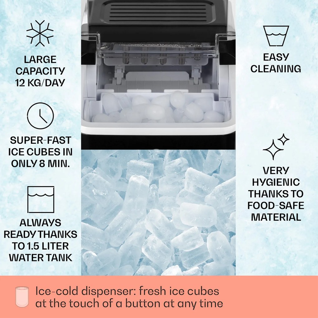 Klarstein Chillout, ледогенератор, кръгли кубчета лед, 12 кг / 24 часа, резервоар за вода: 1,5 л, черен
