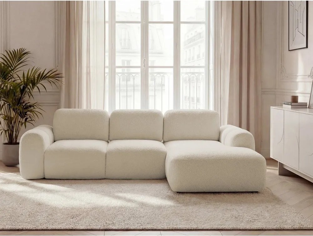 Бежов сгъваем/с място за съхранение ъглов диван от прежда с примки от букле (десен ъгъл) Montaigne – Bobochic Paris