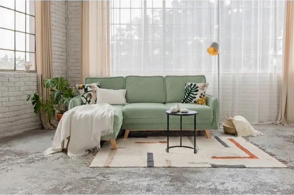 Светлозелен разтегателен ъглов диван от рипсено кадифе (променлив) Tori – Bonami Selection