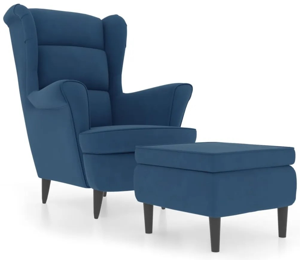 3115930 vidaXL Фотьойл Wingback с табуретка, син, кадифе