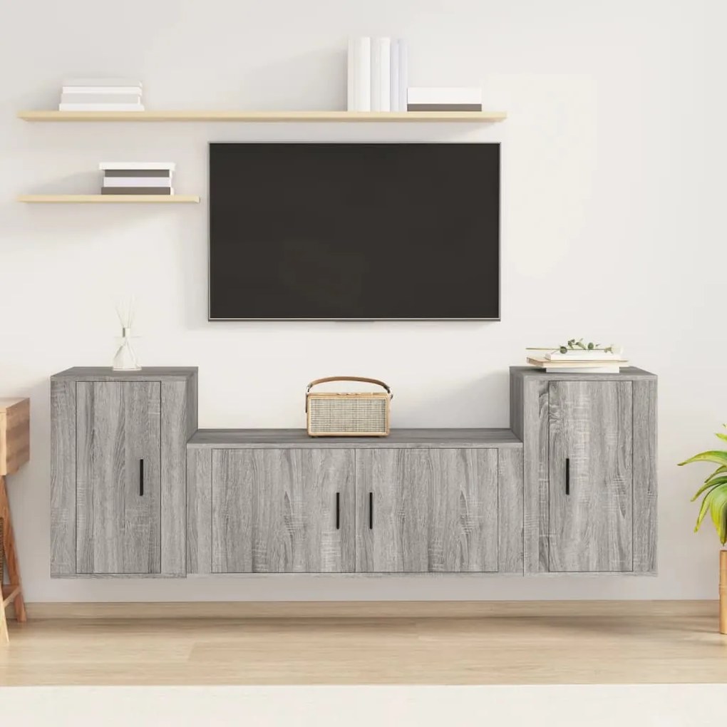 3188516 vidaXL Комплект ТВ шкафове от 3 части, сив сонома, инженерно дърво