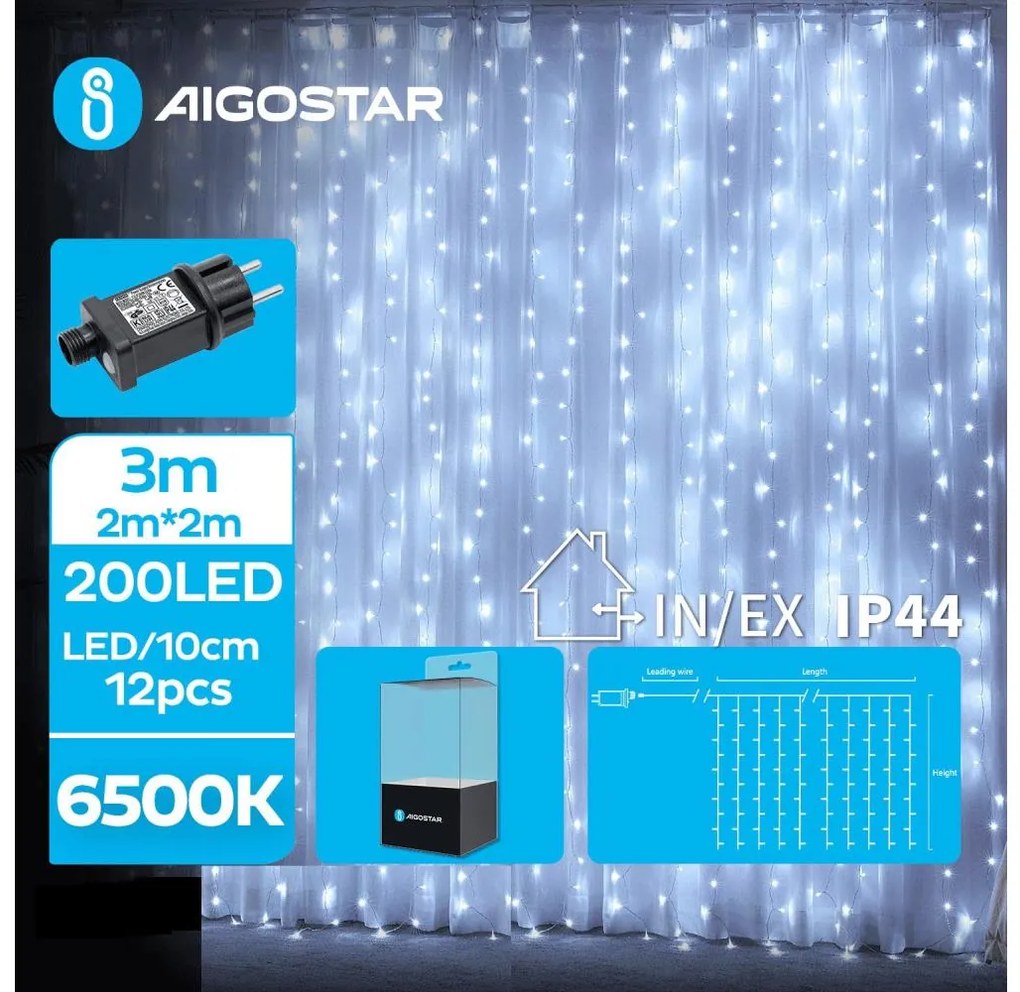 Aigostar - Външен коледен LED гирлянд с 200 LED, 8 функции, 5x2m, IP44, студено бяла светлина