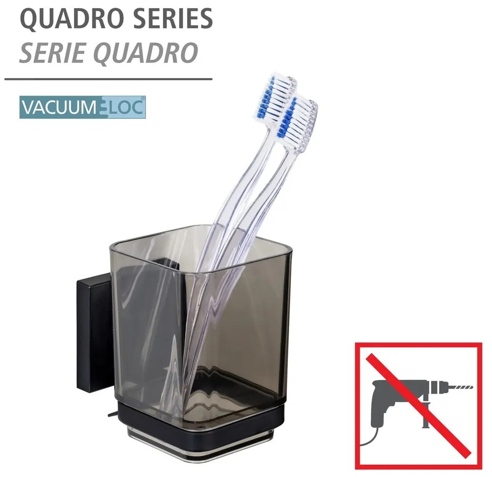Черна самозалепваща пластмасова чаша за четки за зъби Quadro – Wenko