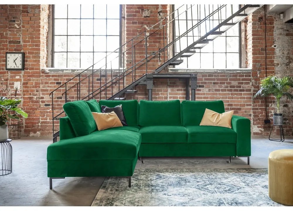 Тъмнозелен кадифен разтегателен ъглов диван (ляв ъгъл) Lofty Lilly – Miuform