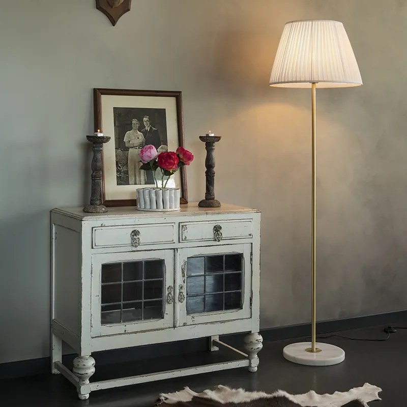 Ретро подова лампа месинг с плисе абажур кремав 45 см - Kaso