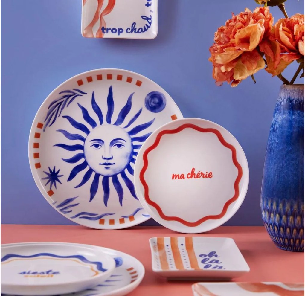 Комплект за хранене 12 части червено/синьо/бяло/порцелан