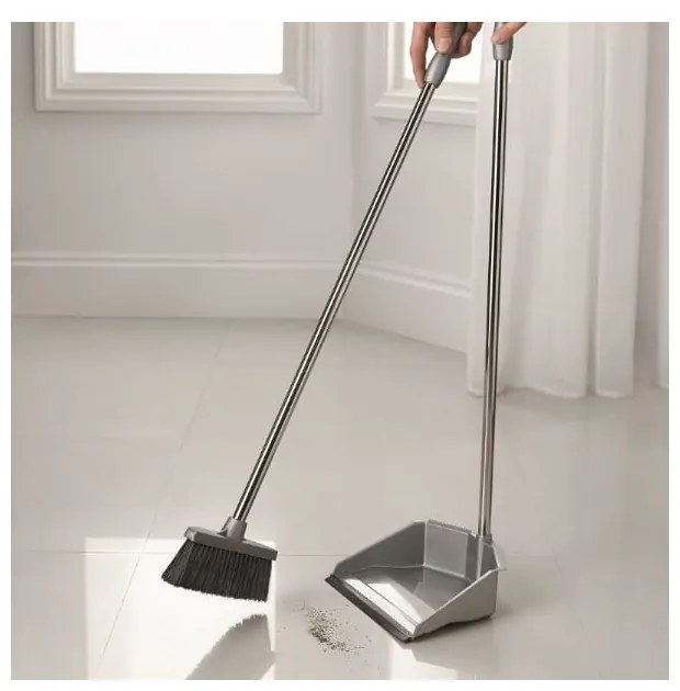 Сива лопатка за прах с дълга дръжка Dust - Addis