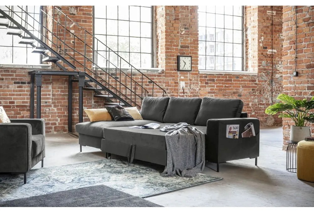 Тъмносиво кадифено ъглово канапе, ляв ъгъл Lofty Lilly - Miuform
