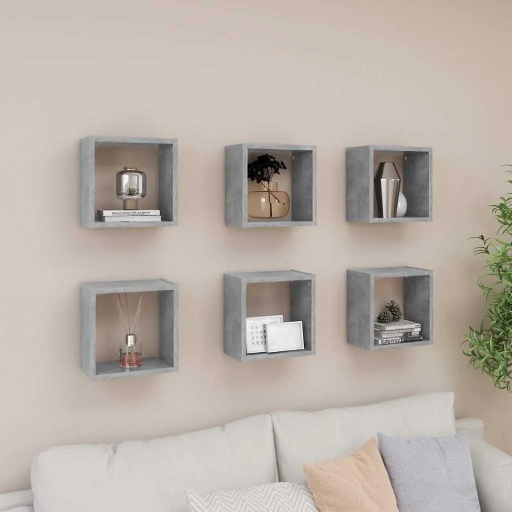 807039 vidaXL Стенни кубични рафтове, 6 бр, бетонно сиви, 26x15x26 см