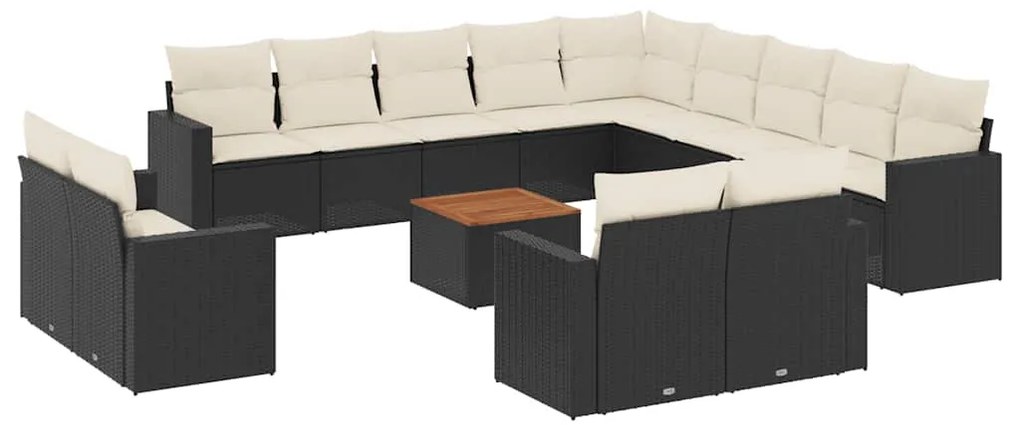 3256728 vidaXL Градински диван с възглавници, 14 части, черен, полиратан