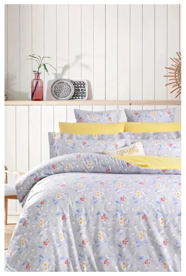 Жълто сиво двойно удължено спално бельо от памук Renforcé с включен долен чаршаф 4 части 200x220 cm – Mila Home