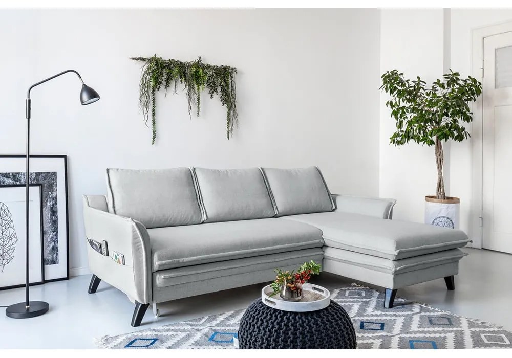 Светлосив ъглов разтегателен диван, десен ъгъл Charming Charlie - Miuform