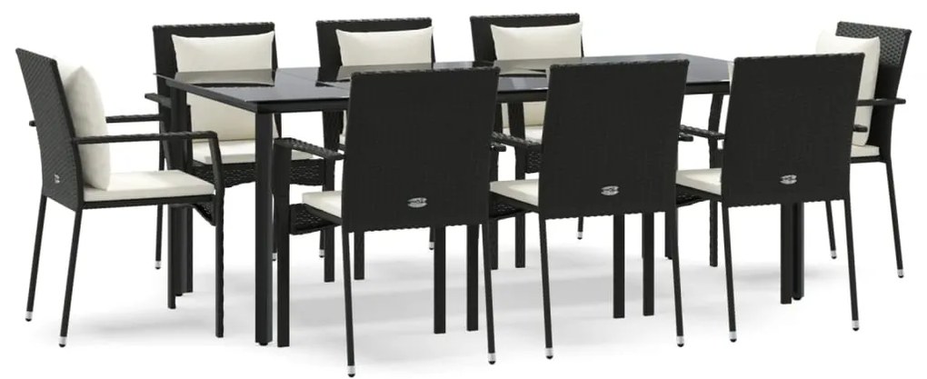 3185112 vidaXL Градински трапезен комплект възглавници 9 части черен полиратан