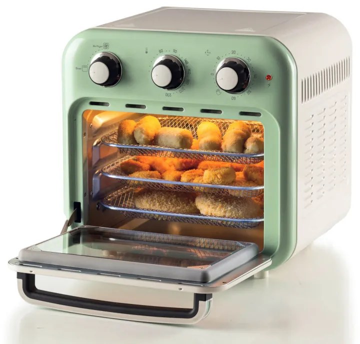 Фритюрник-фурна с горещ въздух Ariete VINTAGE 4632/04, 1400W, 16 л, До 230C, Таймер 60 мин, Въртяща се кошница, Бял/Зелен