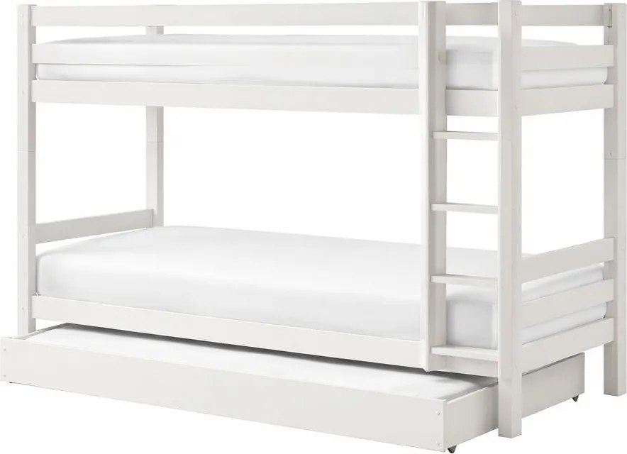 Бяло двуетажно разтегателено детско легло от масивен бор с място за съхранение 90x200 cm PINO – Vipack