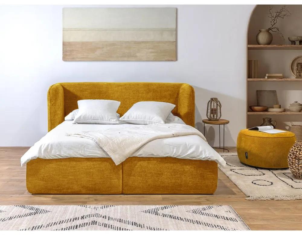 Жълто тапицирано двойно легло с решетка и място за съхранение 160x200 cm Louise - Bobochic Paris
